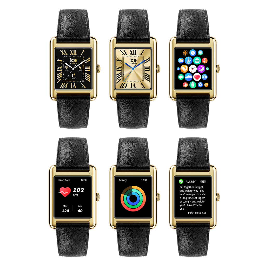 Montre connectée ICE Smart TKS 2.0 Rectangulaire 1.41 – Gold Black, bracelet cuir lisse