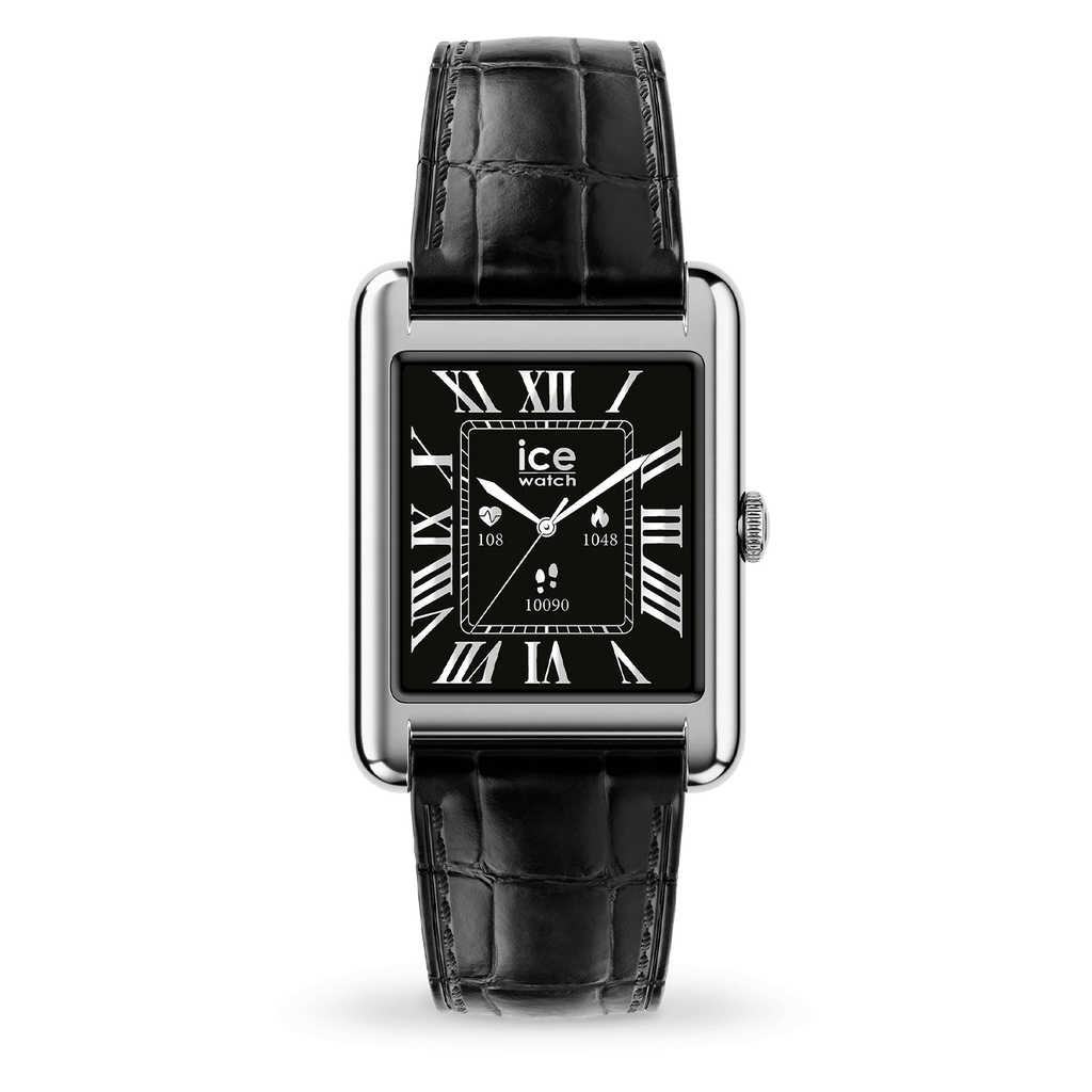 Montre connectée ICE Smart TKS 2.0 Rectangulaire 1.41 – Silver Black, bracelet cuir alligator
