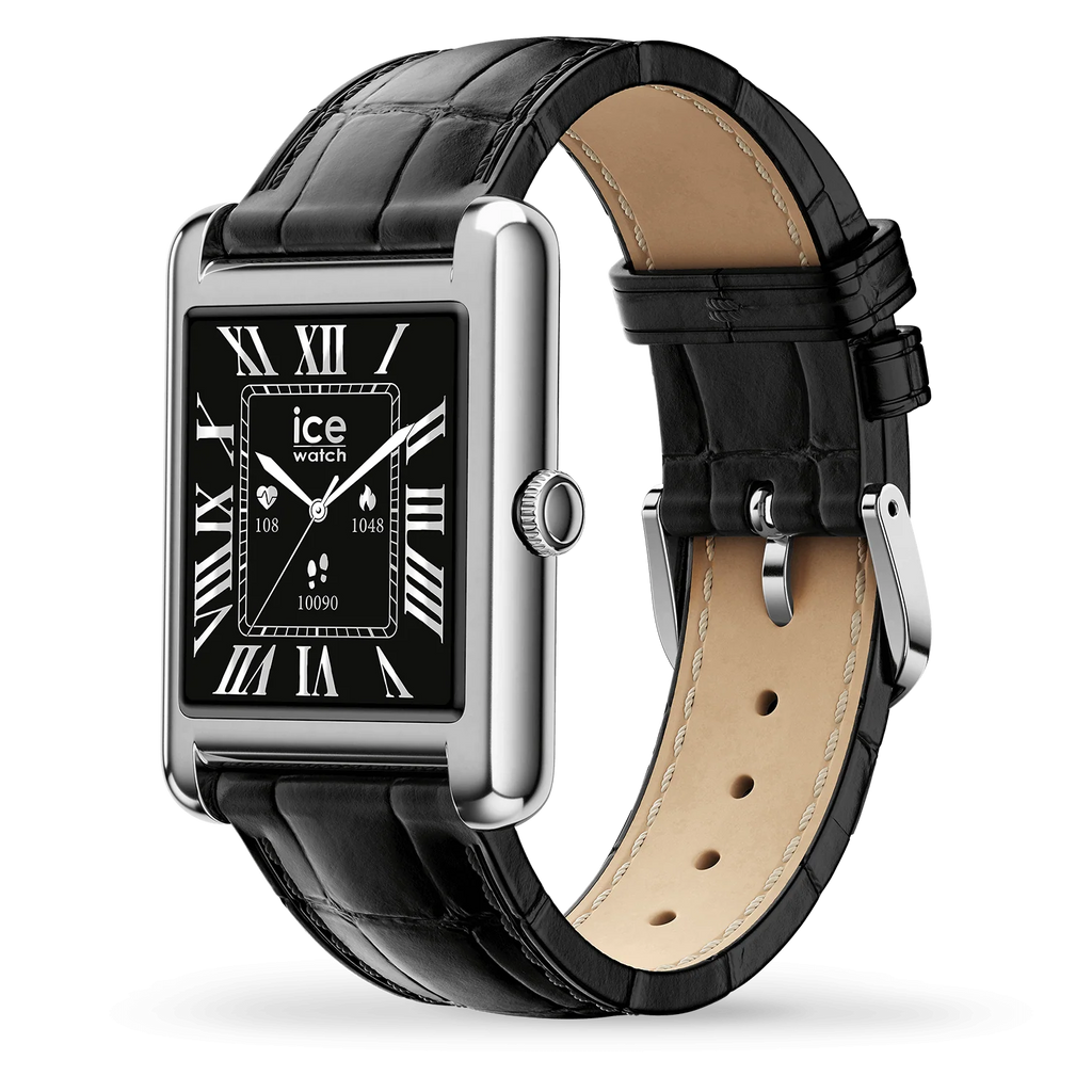Montre connectée ICE Smart TKS 2.0 Rectangulaire 1.41 – Silver Black, bracelet cuir alligator