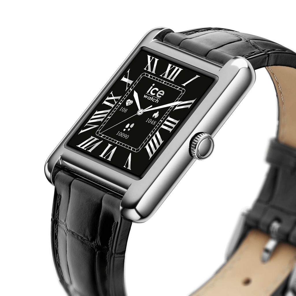 Montre connectée ICE Smart TKS 2.0 Rectangulaire 1.41 – Silver Black, bracelet cuir alligator