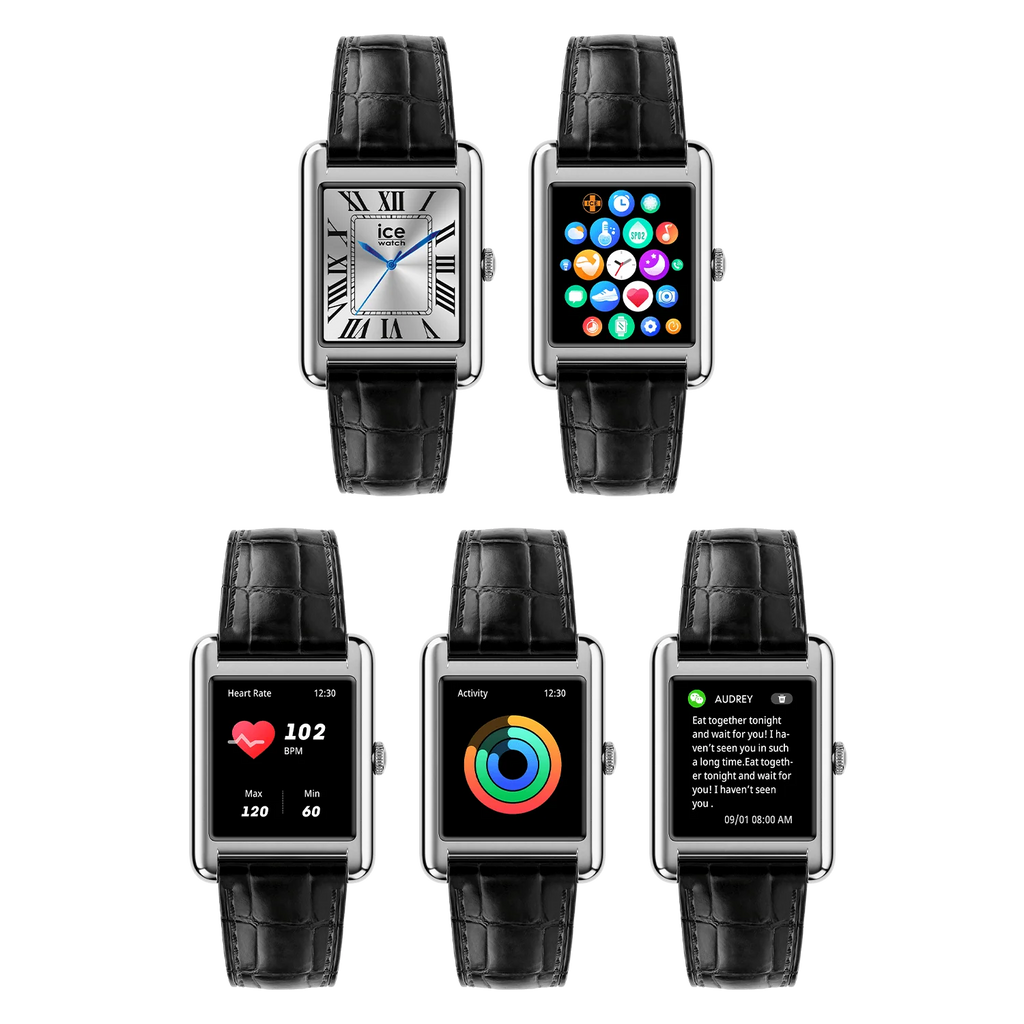 Montre connectée ICE Smart TKS 2.0 Rectangulaire 1.41 – Silver Black, bracelet cuir alligator