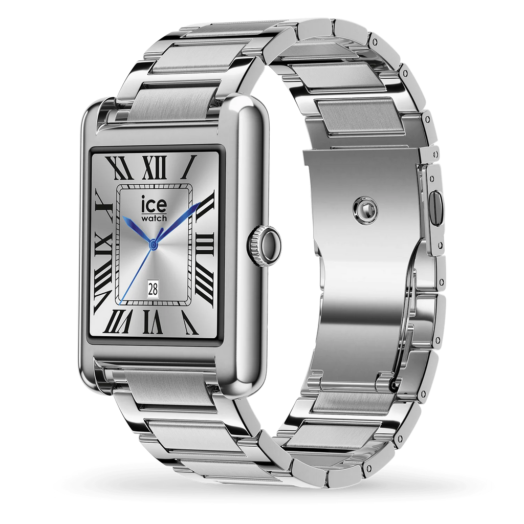 Montre connectée ICE Smart TKS 2.0 Silver rectangulaire avec bracelet en acier argenté et écran tactile couleur AMOLED.