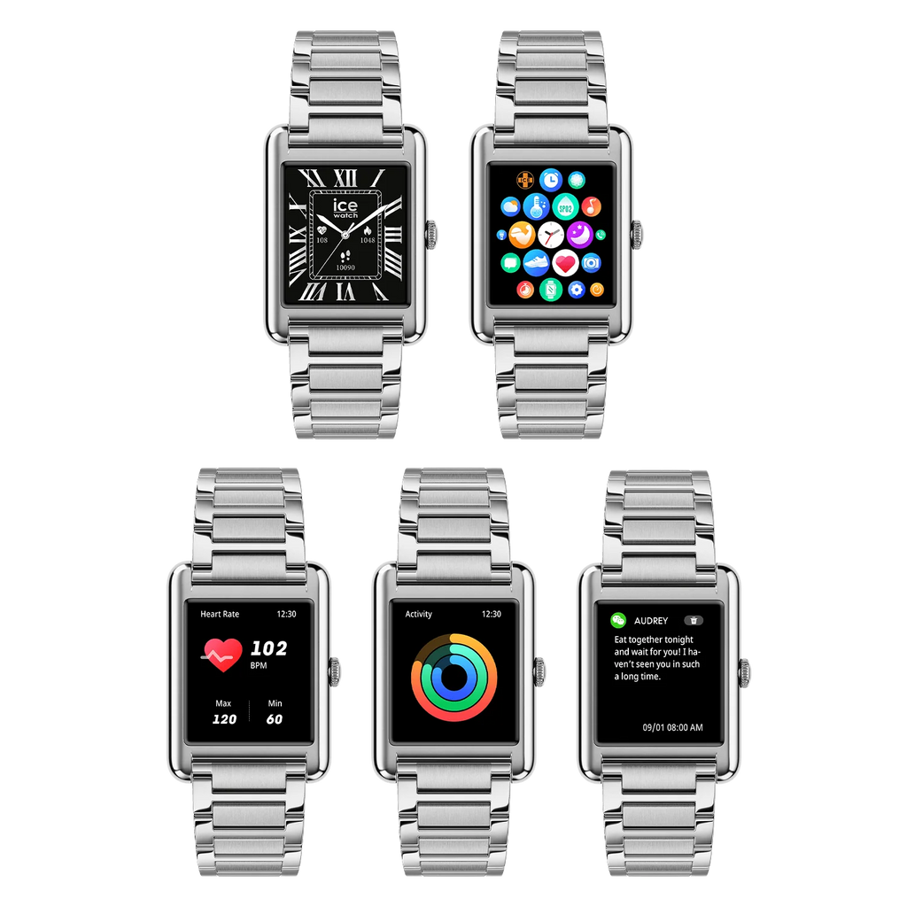 Montre connectée ICE Smart TKS 2.0 Silver rectangulaire avec bracelet en acier argenté et écran tactile couleur AMOLED.