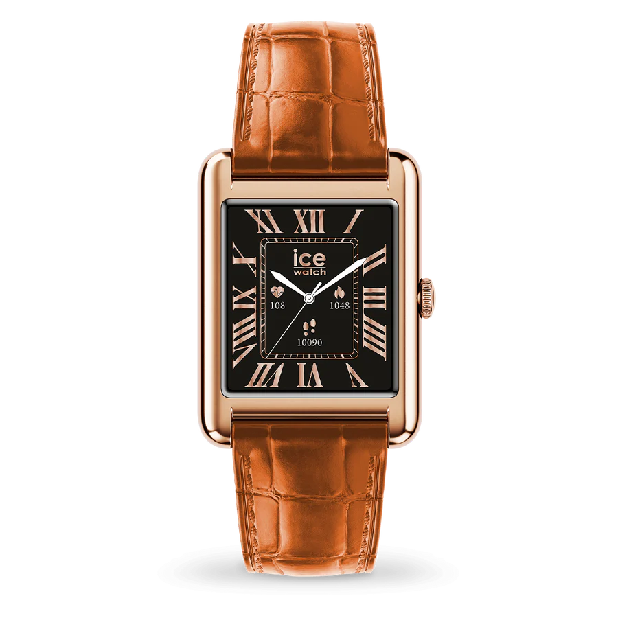 Montre connectée ICE Smart TKS 2.0 Rose-Gold Cognac. Cadran noir, bracelet cuir alligator marron