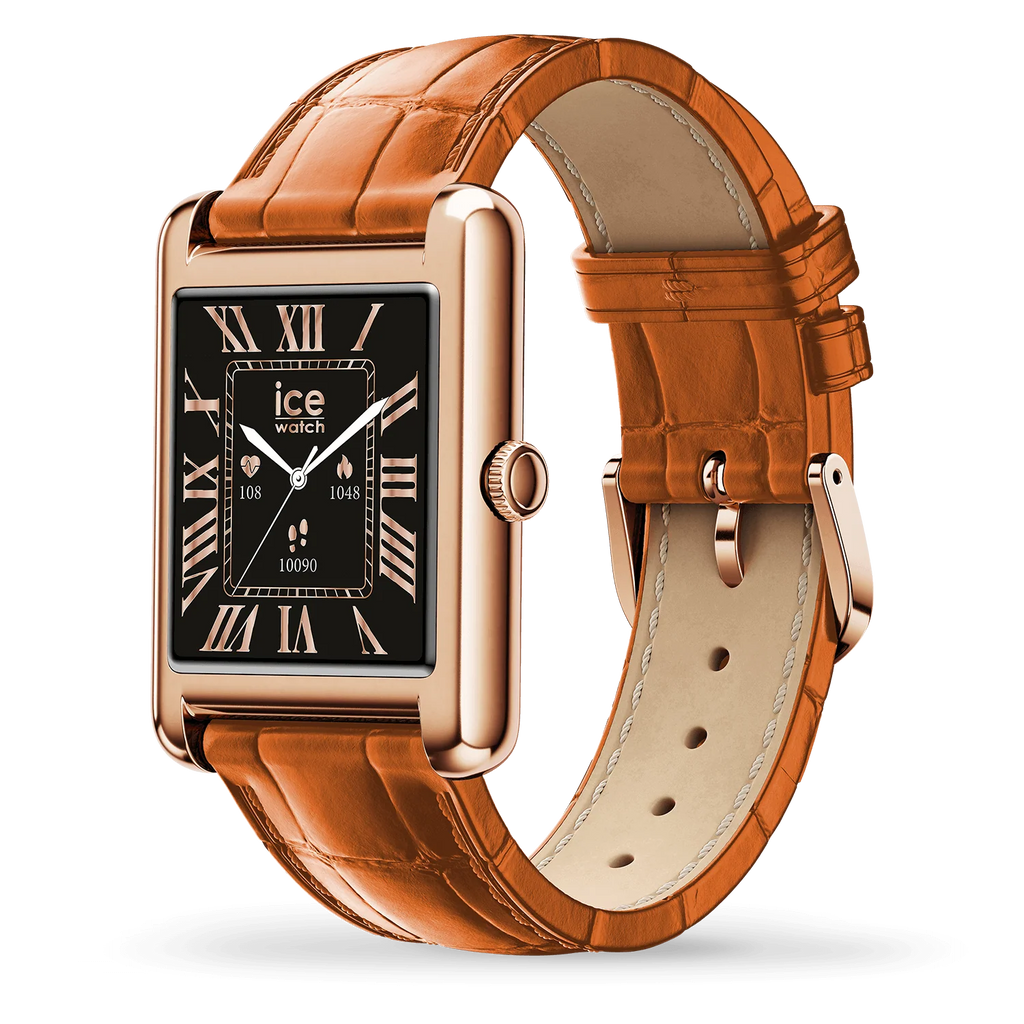 Montre connectée ICE Smart TKS 2.0 Rose-Gold Cognac. Cadran noir, bracelet cuir alligator marron