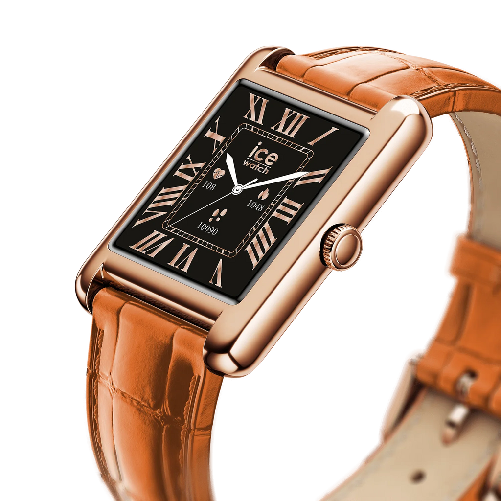 Montre connectée ICE Smart TKS 2.0 Rose-Gold Cognac. Cadran noir, bracelet cuir alligator marron