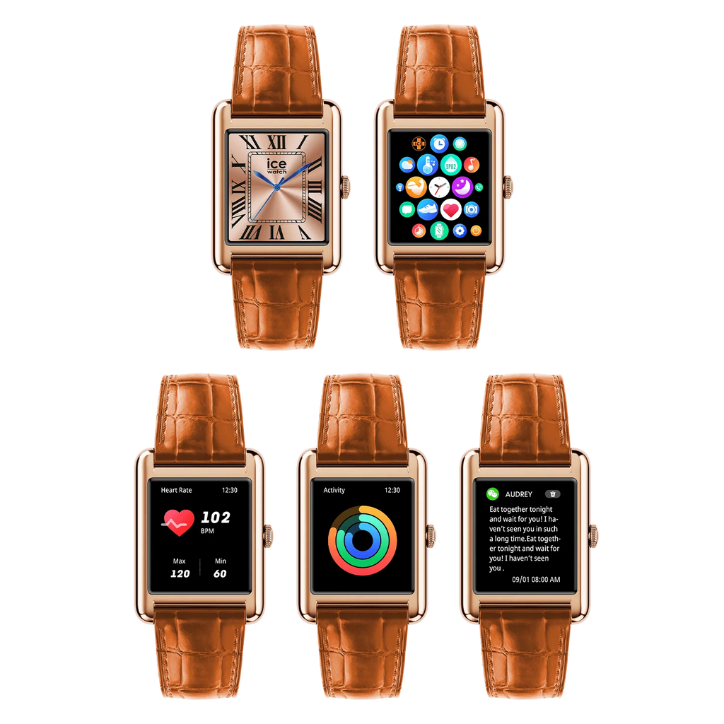 Montre connectée ICE Smart TKS 2.0 Rose-Gold Cognac. Cadran noir, bracelet cuir alligator marron