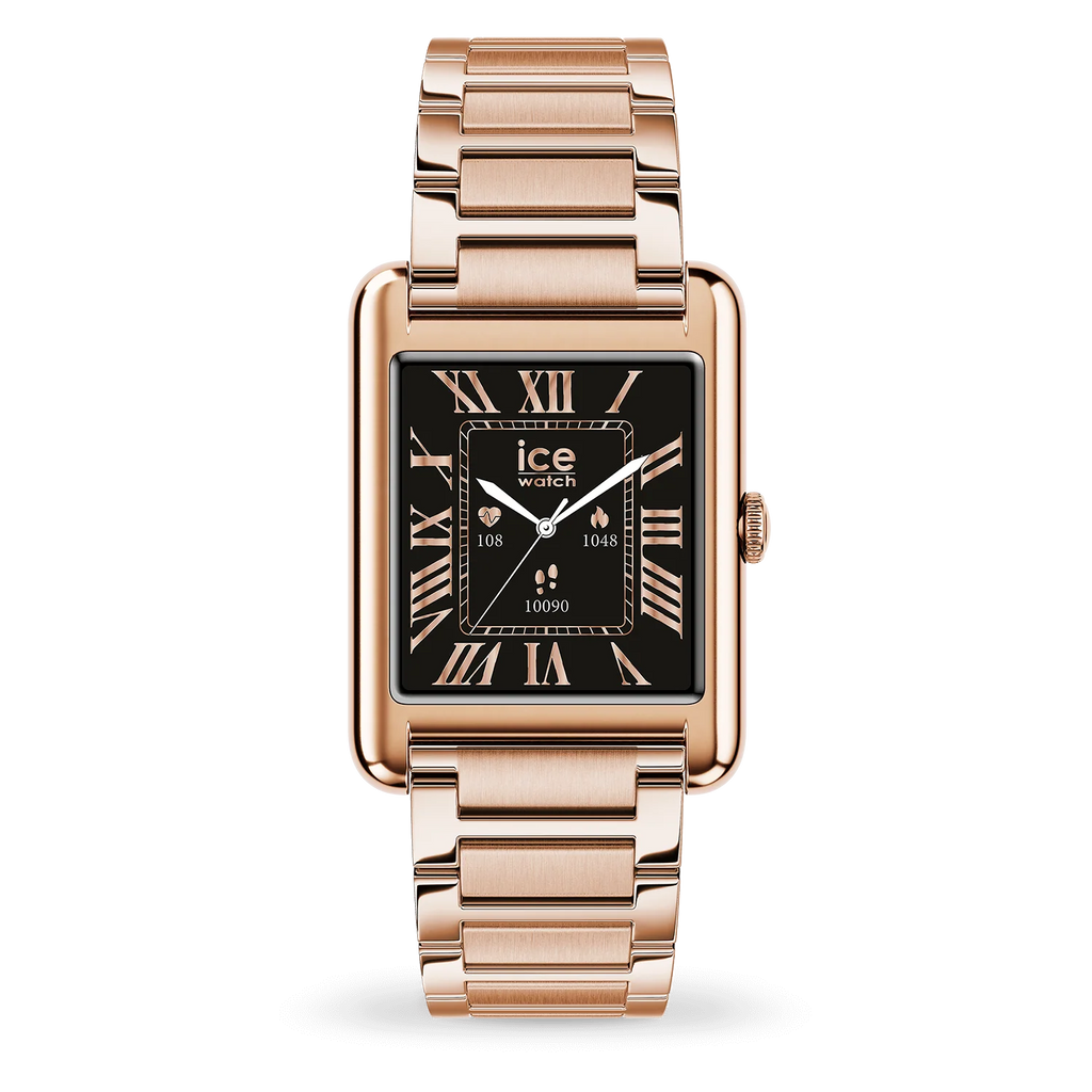 Montre connectée ICE Smart TKS 2.0 Rose Gold rectangulaire avec bracelet en acier doré rose et écran tactile AMOLED couleur.