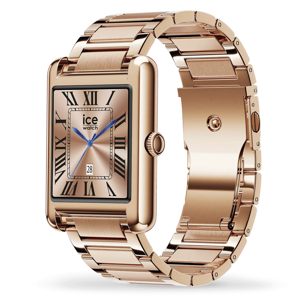 Montre connectée ICE Smart TKS 2.0 Rose Gold rectangulaire avec bracelet en acier doré rose et écran tactile AMOLED couleur.
