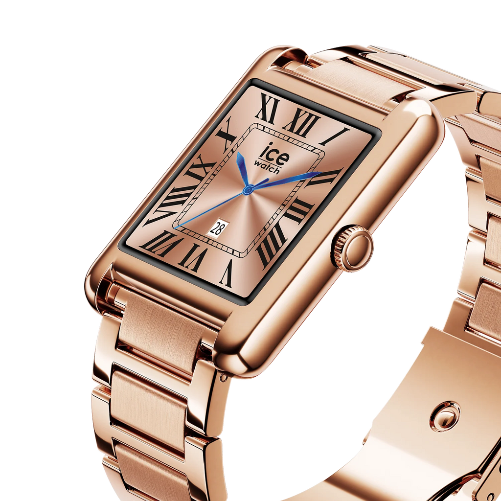 Montre connectée ICE Smart TKS 2.0 Rose Gold rectangulaire avec bracelet en acier doré rose et écran tactile AMOLED couleur.