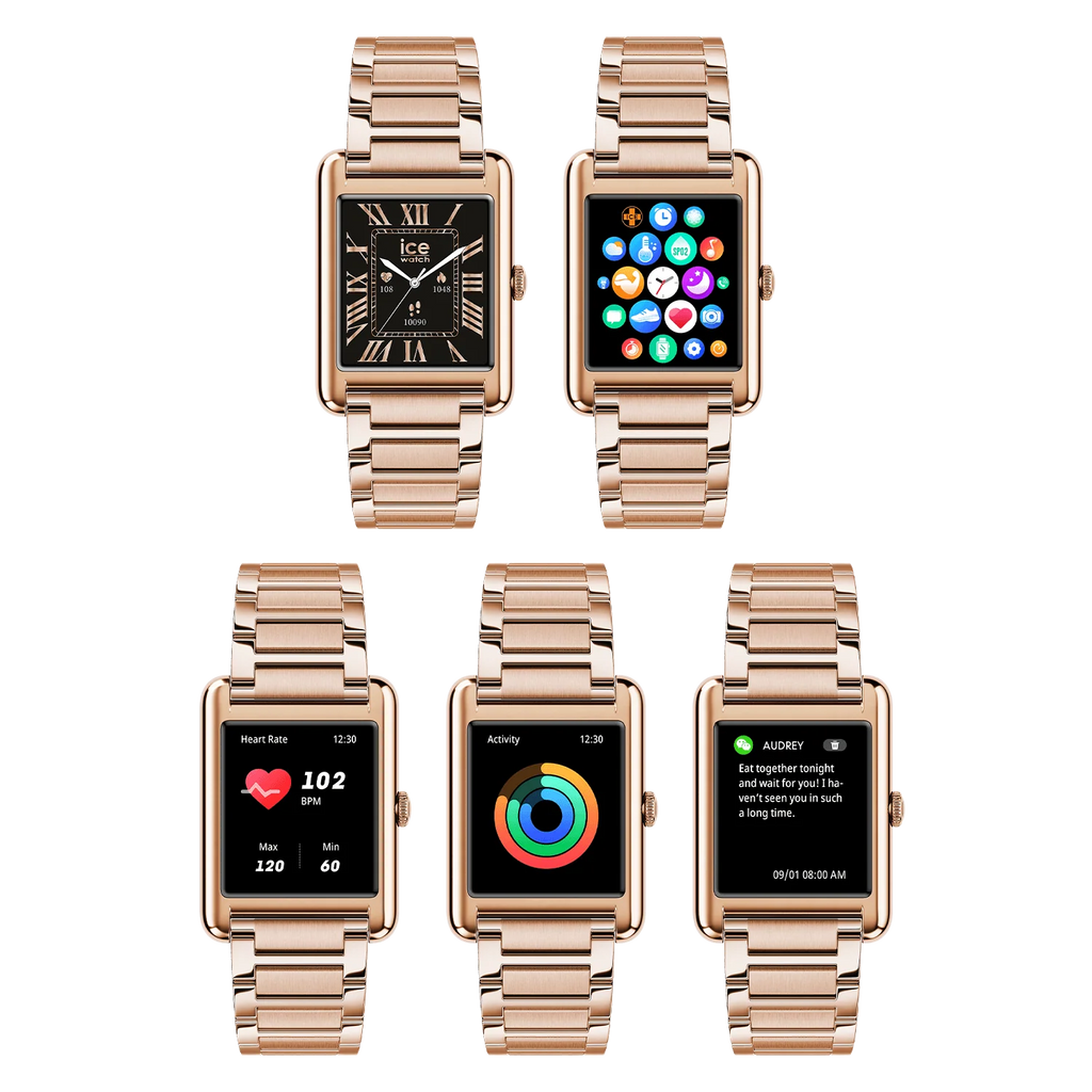 Montre connectée ICE Smart TKS 2.0 Rose Gold rectangulaire avec bracelet en acier doré rose et écran tactile AMOLED couleur.