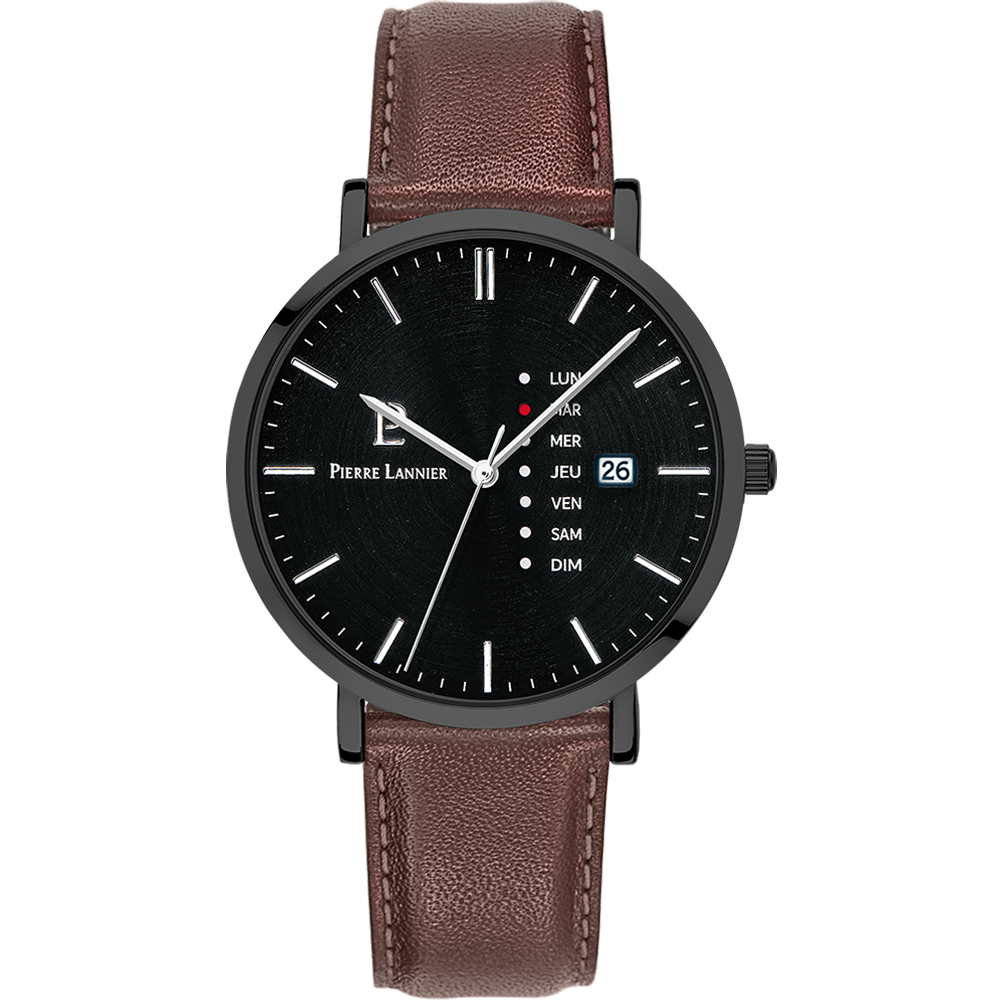 MONTRE PIERRE LANNIER HOMME DATA CADRAN NOIR CUIR BRUN