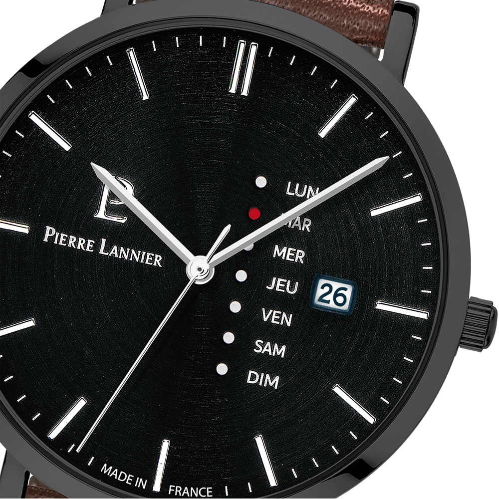 MONTRE PIERRE LANNIER HOMME DATA CADRAN NOIR CUIR BRUN