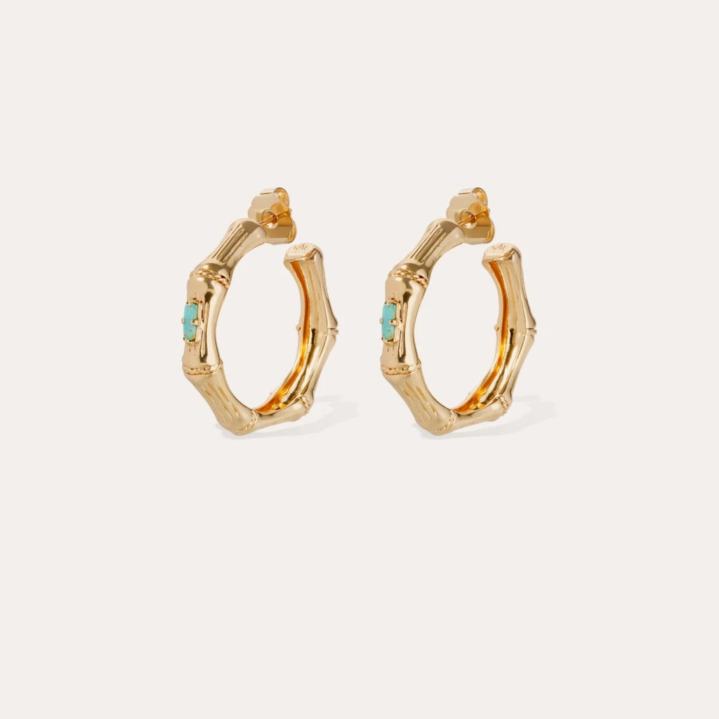 Boucles d'oreilles Bambou strass petit modèle dorées - Turquoise