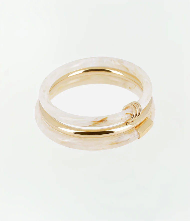 Bracelet jonc Ayana Zag Bijoux en acétate blanc effet marbré et acier doré à l’or fin