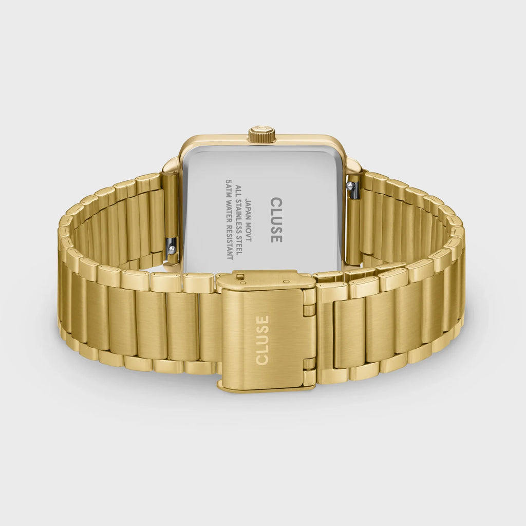Montre Cluse La Tétragone femme. Boîtier carré doré 28,5 mm, cadran rouge vin serti de pierres dorées et bracelet acier inoxydable 16 mm.