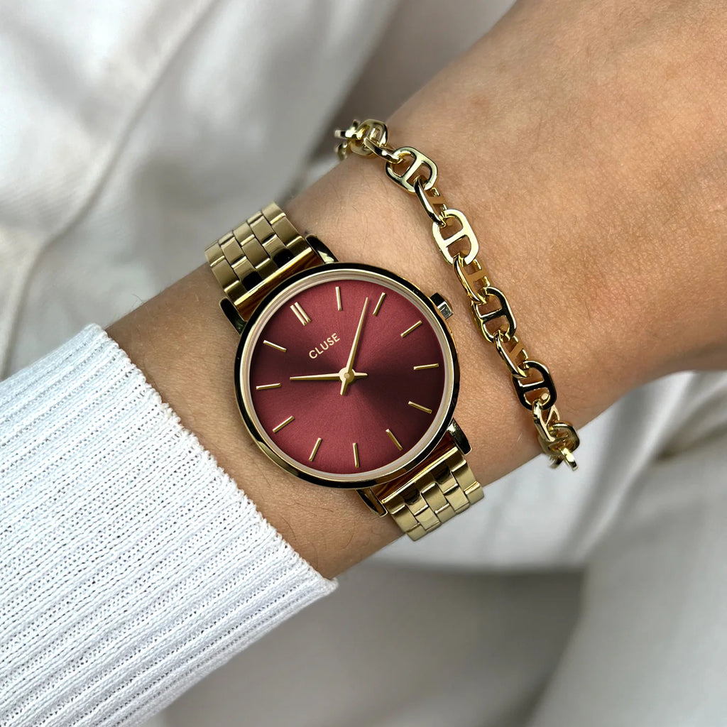 Boho Chic Petite Steel Watch, Dark Cherry, Gold Colour