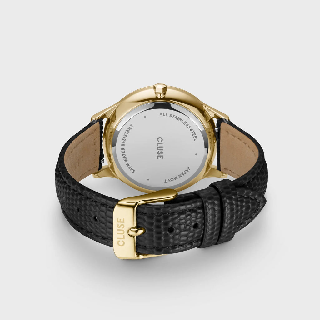 Minuit Multifunction Watch Leather, Black Lizard, Gold Colour
