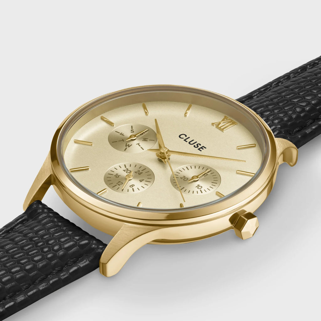 Minuit Multifunction Watch Leather, Black Lizard, Gold Colour
