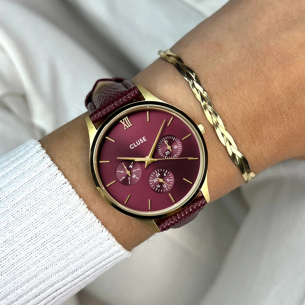 Minuit Multifunction Watch Leather, Dark Cherry Lizard, Gold Colour
