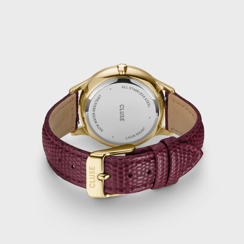 Minuit Multifunction Watch Leather, Dark Cherry Lizard, Gold Colour
