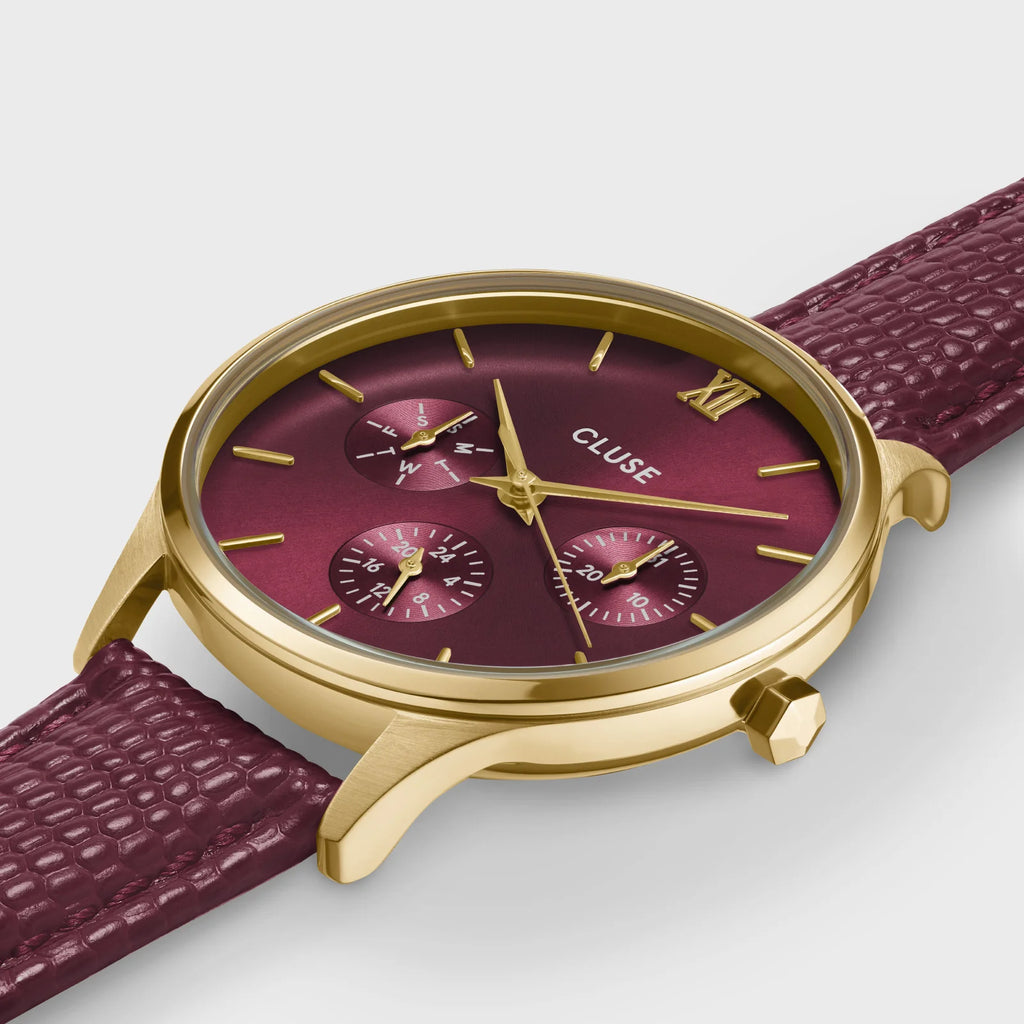 Minuit Multifunction Watch Leather, Dark Cherry Lizard, Gold Colour
