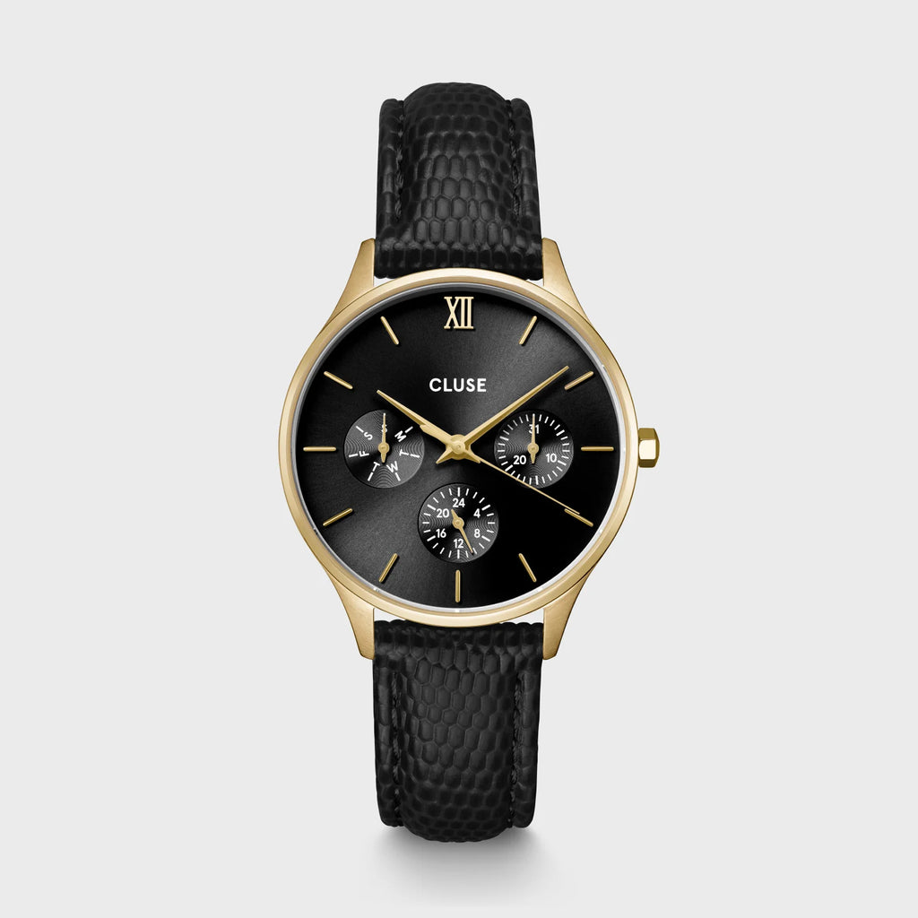 MINUIT MULTIFUNCTION LEATHER, BLACK WATCH LEATHER, BLACK LIZARD, GOLD