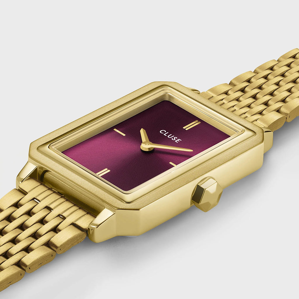 Montre Cluse Fluette femme. Boîtier doré rectangulaire 30,6 mm, cadran rouge vin et double bracelet acier 14 mm