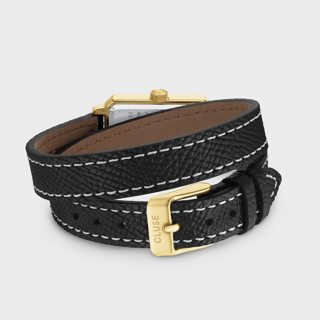 Montre Cluse Fluette femme. Boîtier rectangulaire doré 30,6 mm, cadran doré et double bracelet cuir noir 14 mm avec surpiqûres blanches