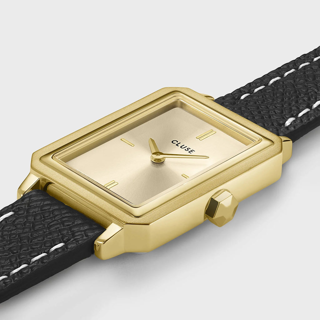 Montre Cluse Fluette femme. Boîtier rectangulaire doré 30,6 mm, cadran doré et double bracelet cuir noir 14 mm avec surpiqûres blanches