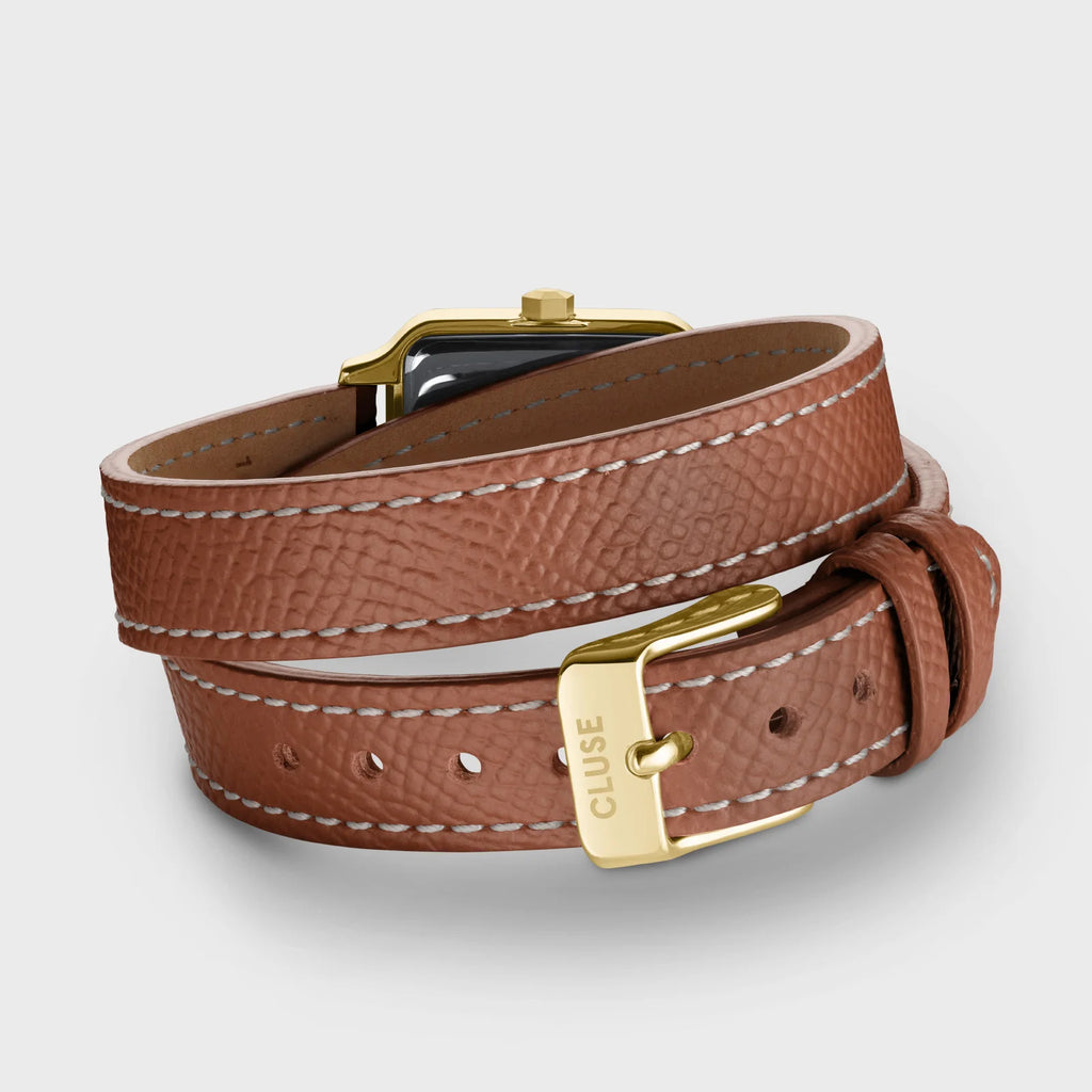 Montre Cluse Gracieuse Petite Femme – Boîtier doré pierres blanches & double bracelet cuir noisette
