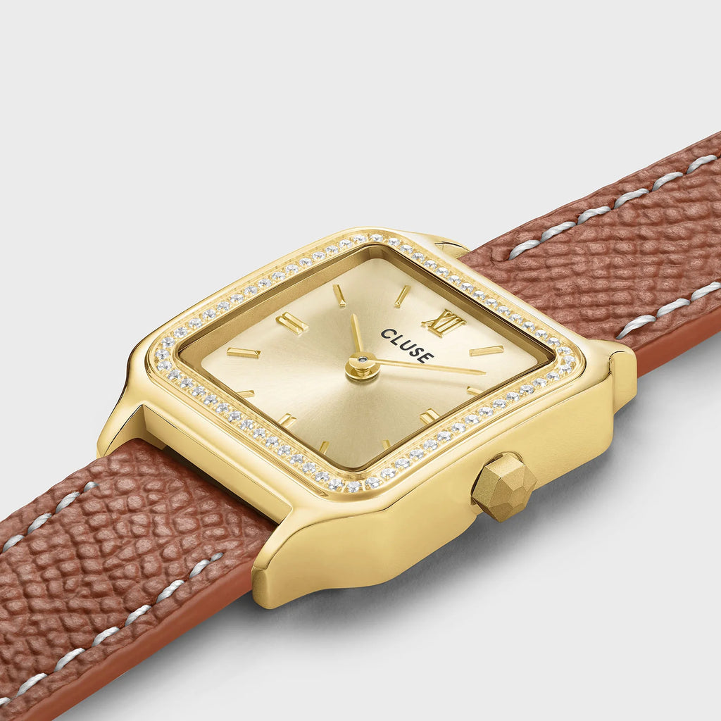 Montre Cluse Gracieuse Petite Femme – Boîtier doré pierres blanches & double bracelet cuir noisette
