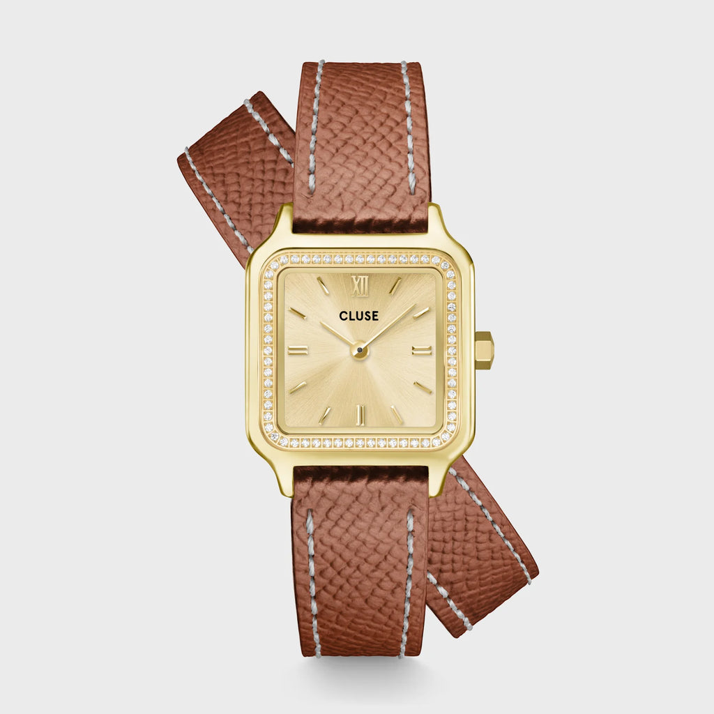 Montre Cluse Gracieuse Petite Femme – Boîtier doré pierres blanches & double bracelet cuir noisette
