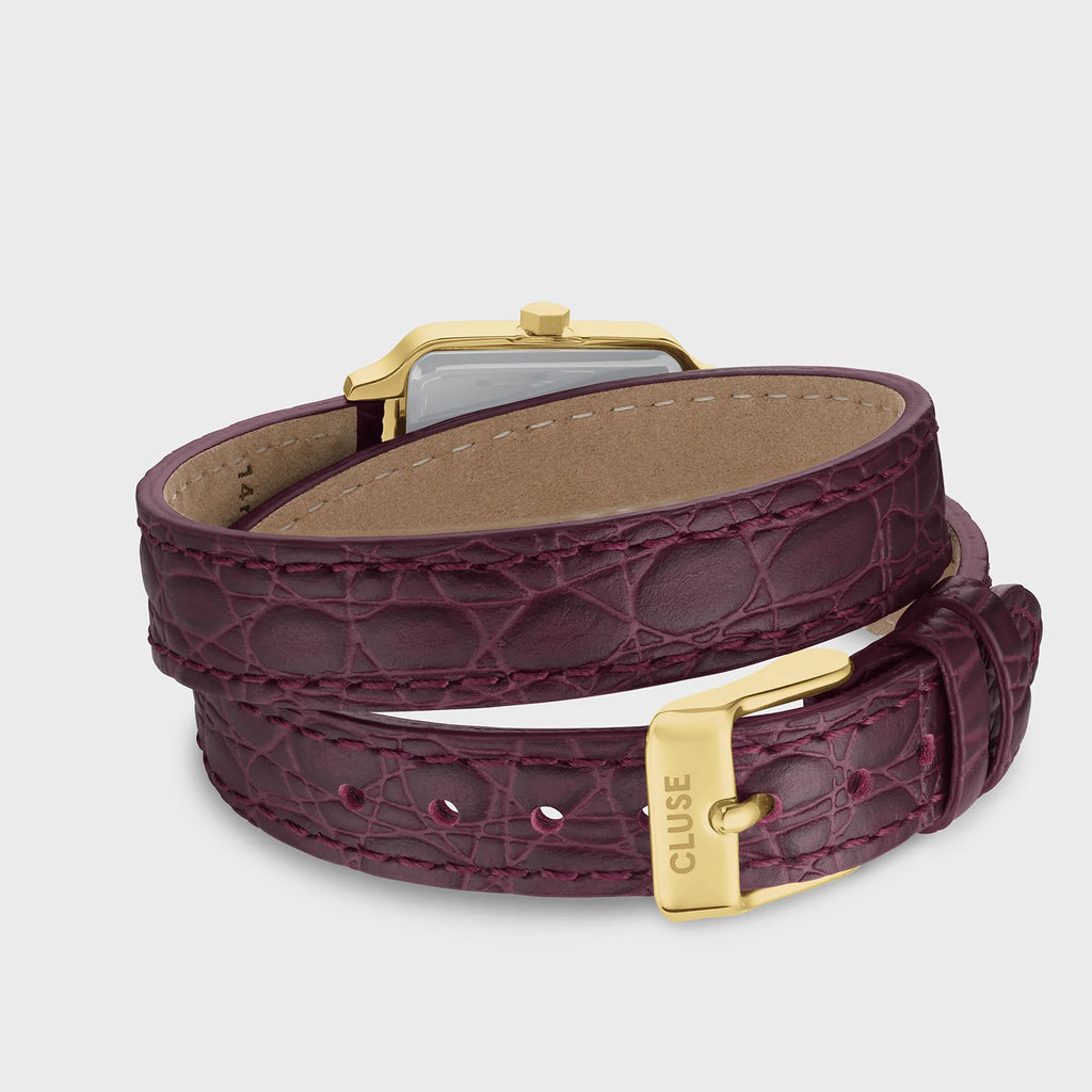 Montre Cluse Gracieuse Petite femme. Boîtier doré 24 mm, cadran rouge vin et double bracelet cuir aspect crocodile 14 mm. 