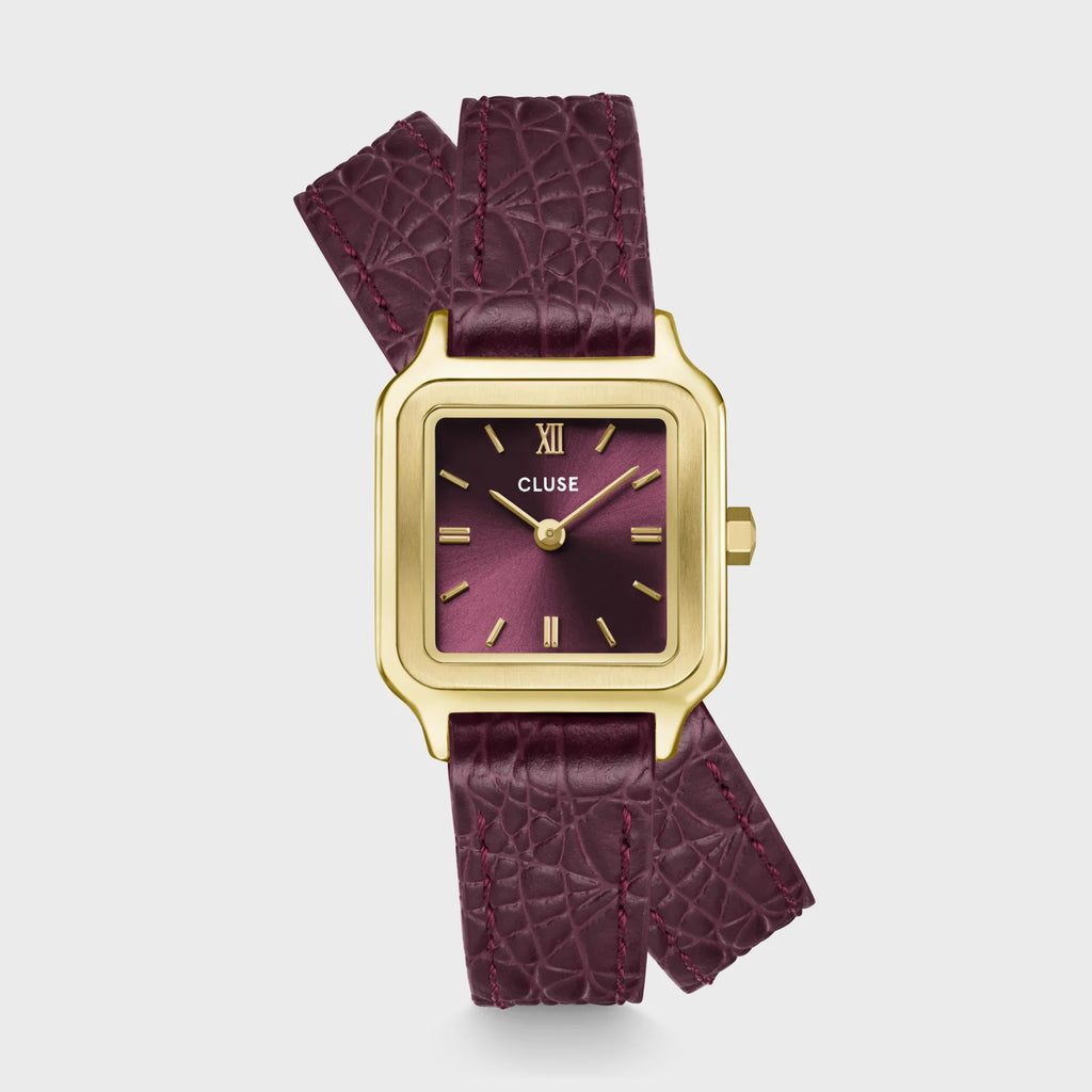Montre Cluse Gracieuse Petite femme. Boîtier doré 24 mm, cadran rouge vin et double bracelet cuir aspect crocodile 14 mm. 