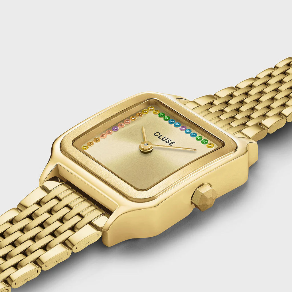 Montre Cluse Gracieuse Petite Femme – Boîtier doré 24 mm, cadran pierres multicolores & bracelet acier