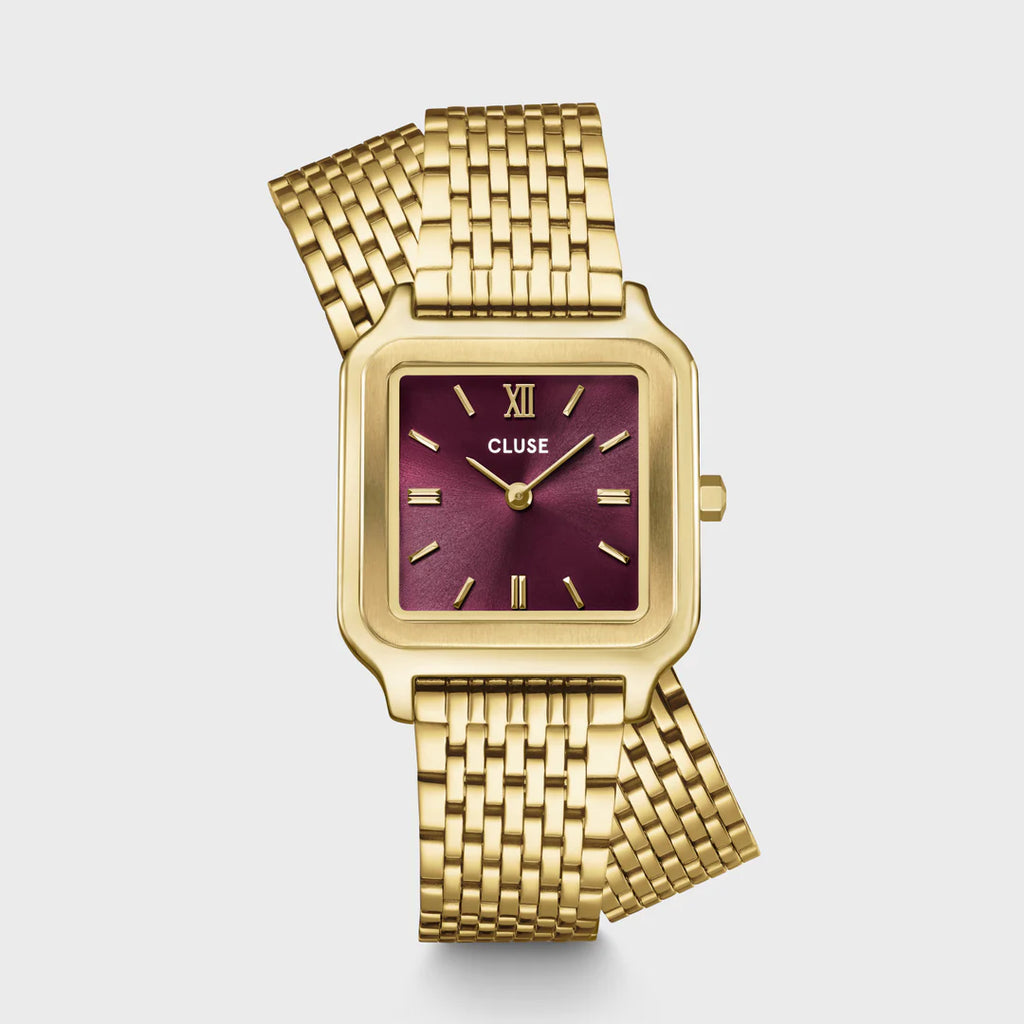 Montre Cluse Gracieuse Femme – Boîtier doré 28 mm, cadran rouge vin & double bracelet acier
