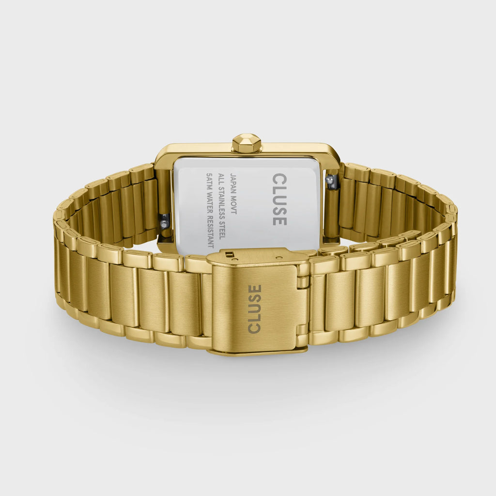 Montre Cluse Belisenna femme. Boîtier rectangulaire doré 21 mm, cadran rouge vin et bracelet acier couleur or