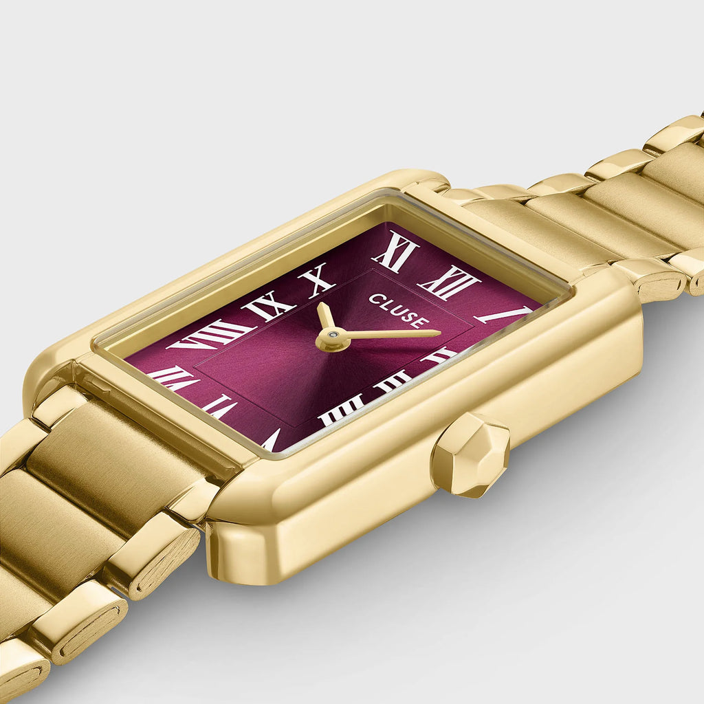 Montre Cluse Belisenna femme. Boîtier rectangulaire doré 21 mm, cadran rouge vin et bracelet acier couleur or