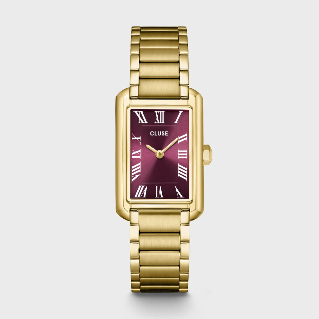 Montre Cluse Belisenna femme. Boîtier rectangulaire doré 21 mm, cadran rouge vin et bracelet acier couleur or
