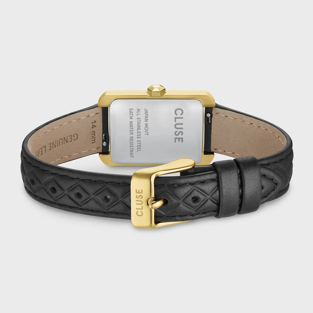 Montre Cluse Belisenna Femme – Boîtier doré 21 mm, cadran blanc et bracelet cuir noir matelassé
