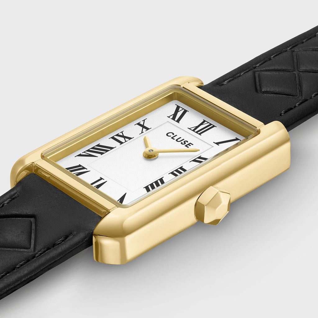 Montre Cluse Belisenna Femme – Boîtier doré 21 mm, cadran blanc et bracelet cuir noir matelassé
