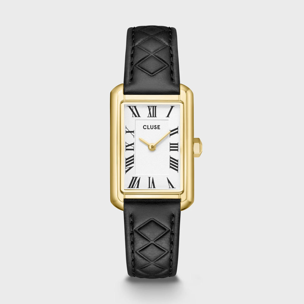 Montre Cluse Belisenna Femme – Boîtier doré 21 mm, cadran blanc et bracelet cuir noir matelassé
