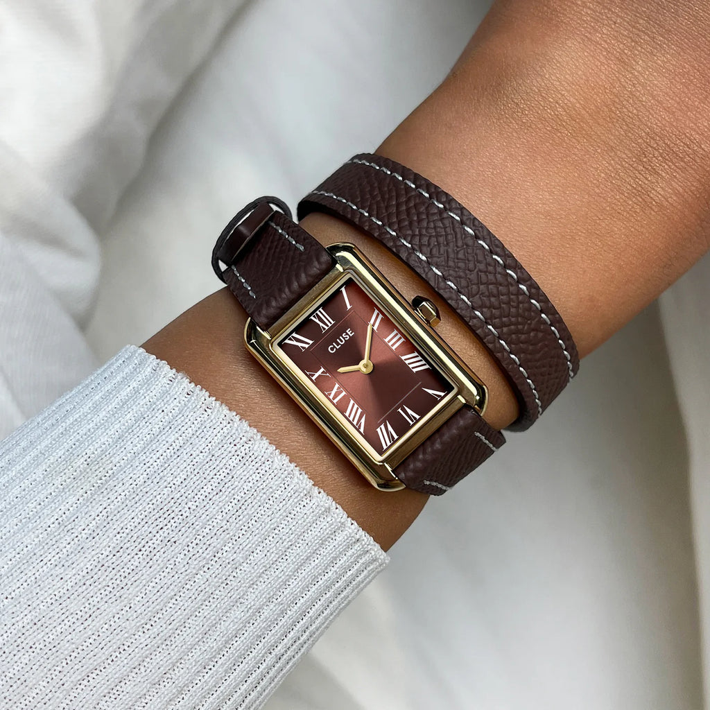 Montre Cluse Belisenna Femme – Boîtier doré 21 mm, cadran moka et double bracelet cuir
