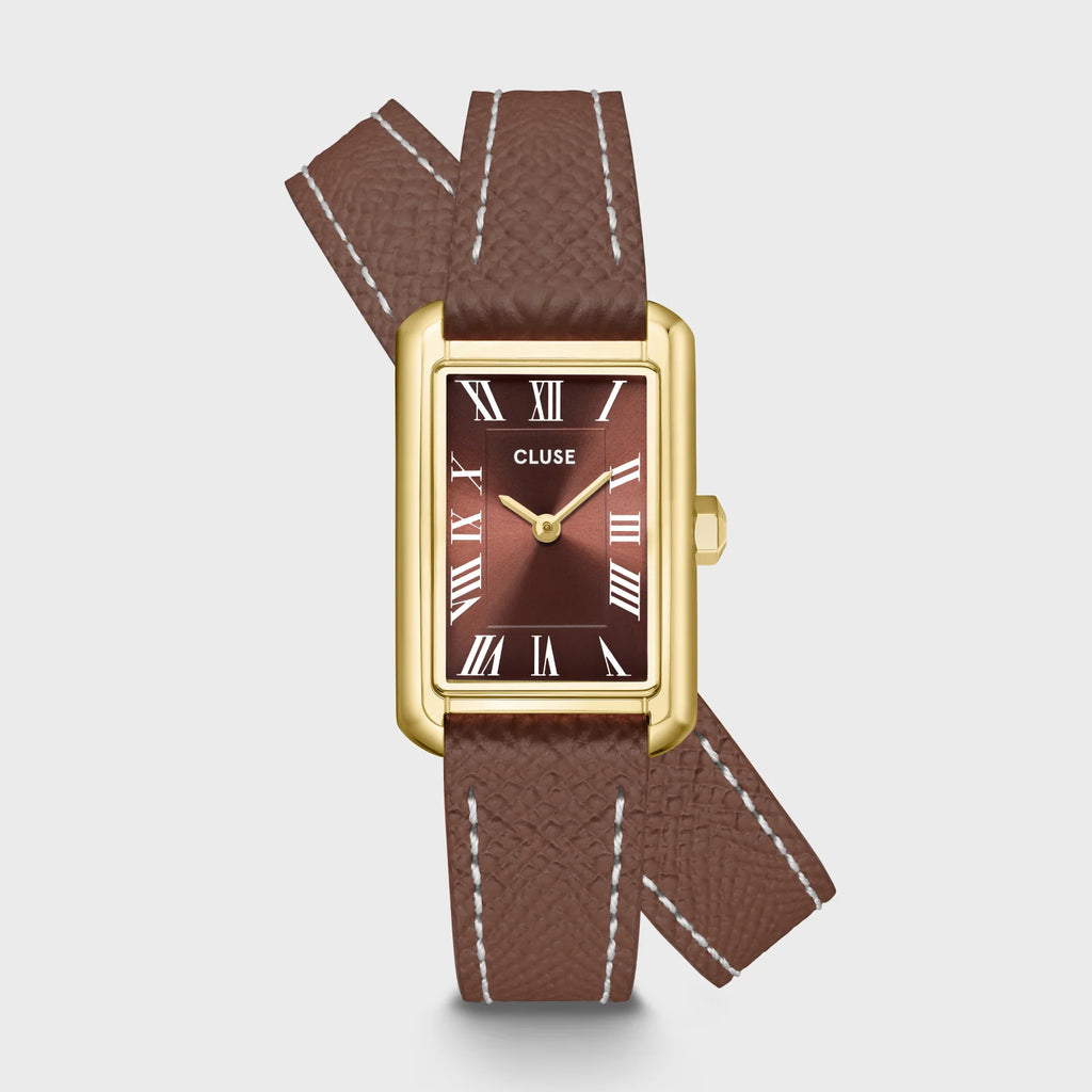Montre Cluse Belisenna Femme – Boîtier doré 21 mm, cadran moka et double bracelet cuir