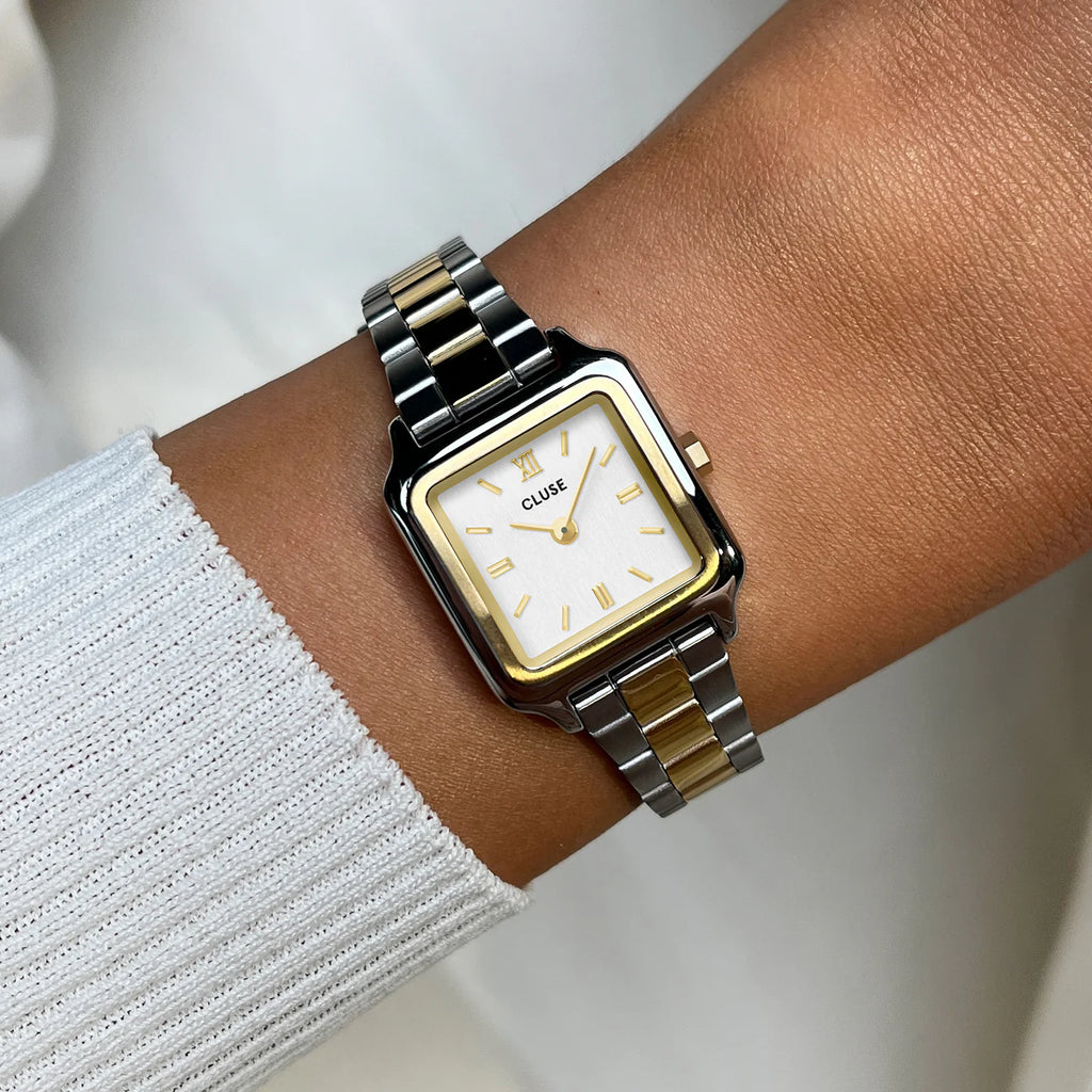 Montre Cluse Gracieuse Mini Femme – Boîtier 21 mm bicolore or & argent, cadran blanc et bracelet acier
