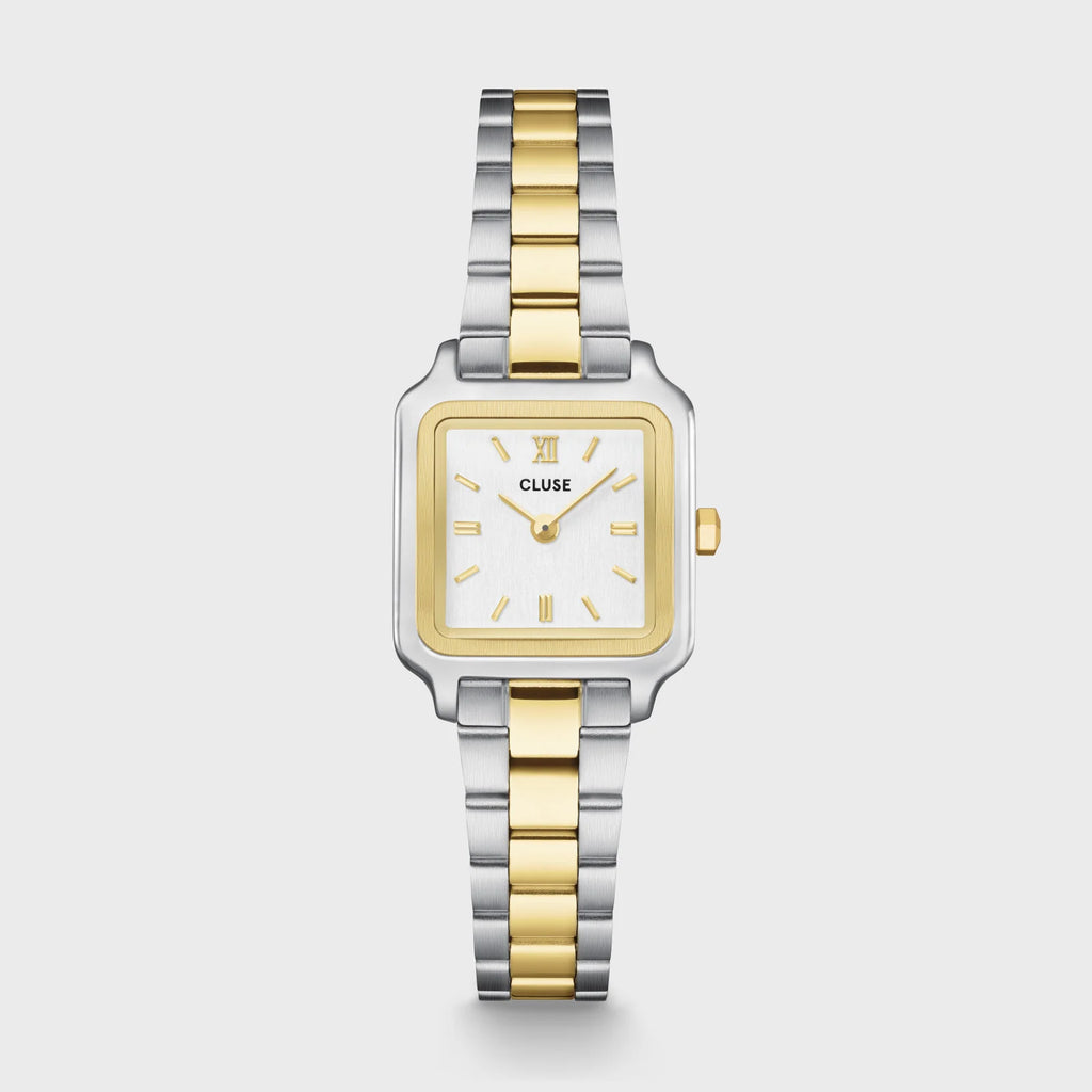 Montre Cluse Gracieuse Mini Femme – Boîtier 21 mm bicolore or & argent, cadran blanc et bracelet acier
