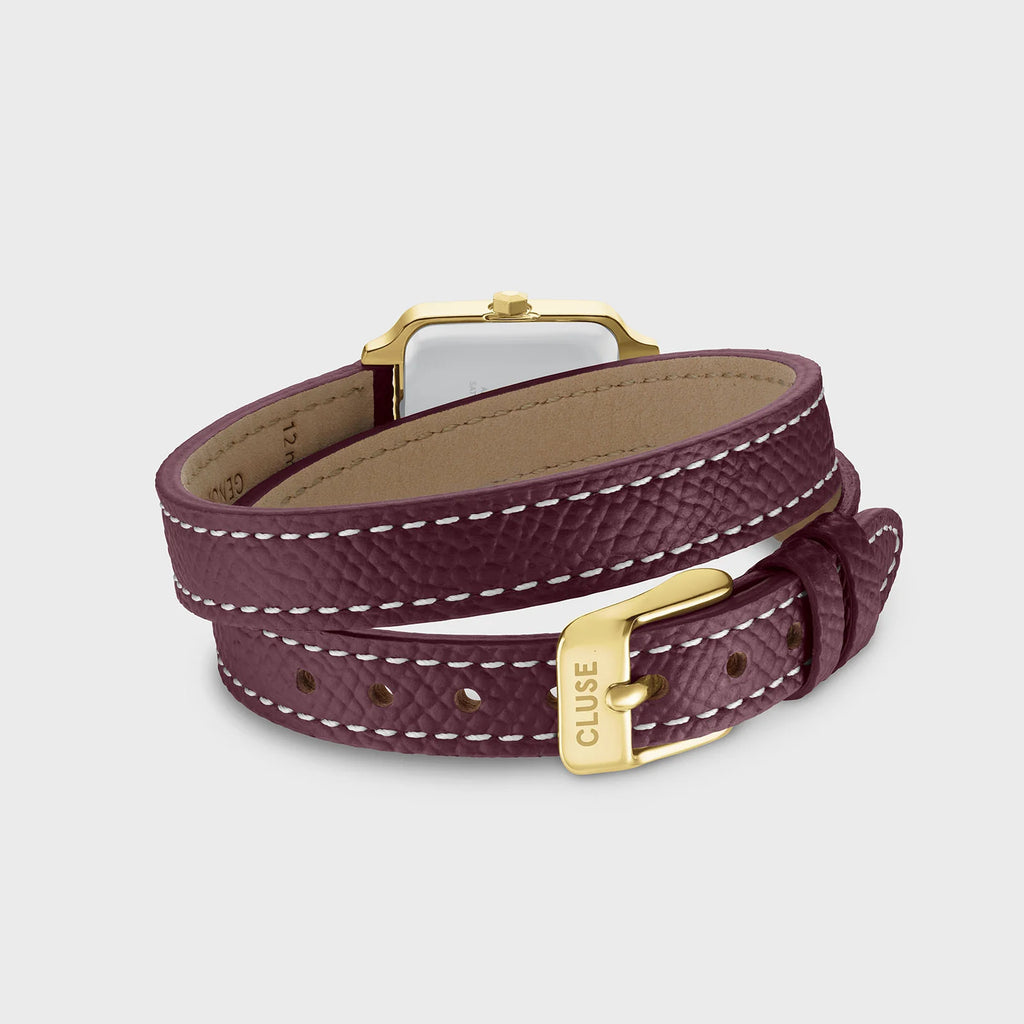 Montre Cluse Gracieuse Mini Femme – Boîtier doré 21 mm, cadran rouge vin & double bracelet cuir
