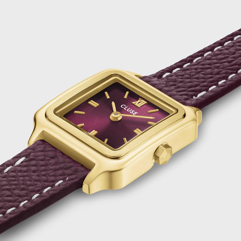 Montre Cluse Gracieuse Mini Femme – Boîtier doré 21 mm, cadran rouge vin & double bracelet cuir
