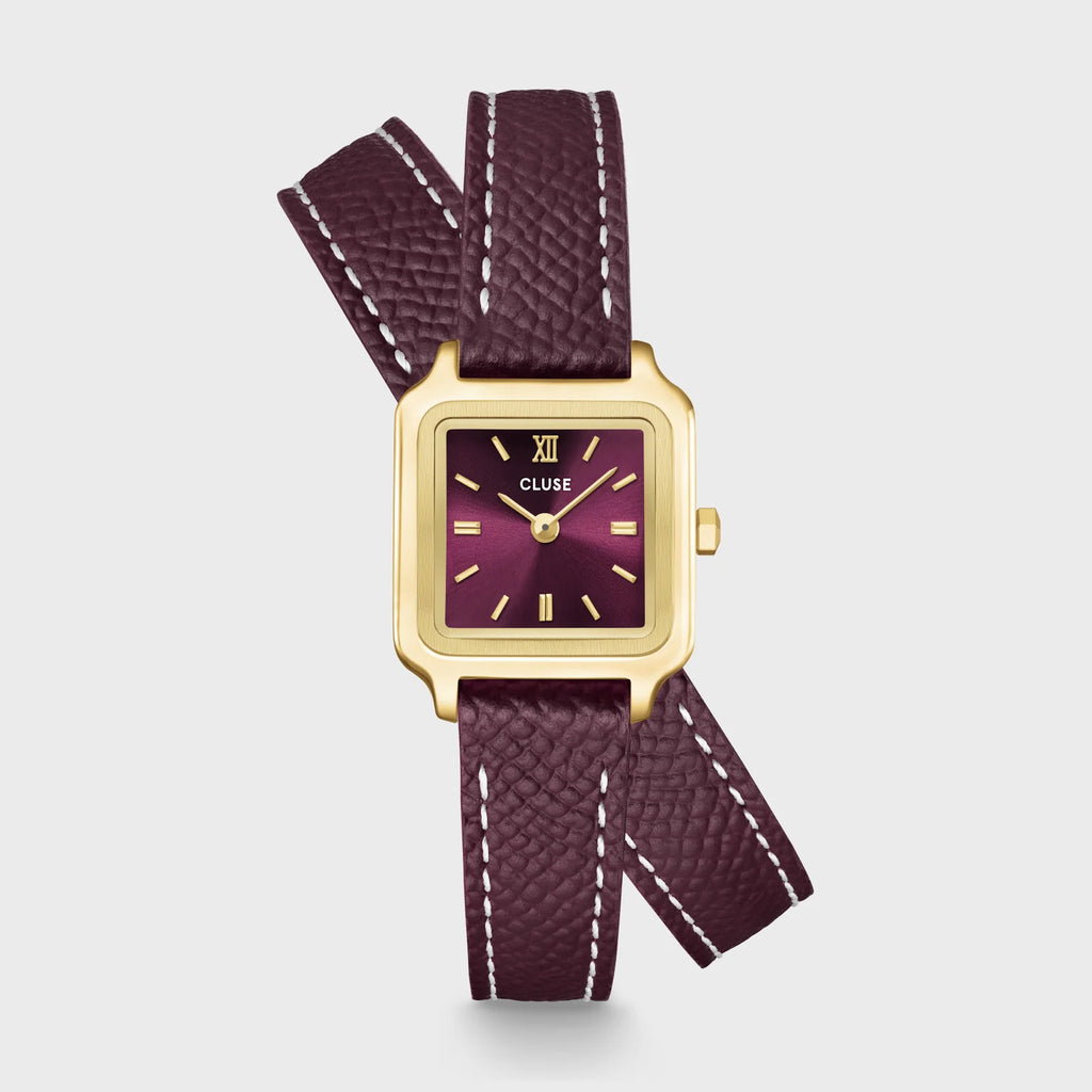 Montre Cluse Gracieuse Mini Femme – Boîtier doré 21 mm, cadran rouge vin & double bracelet cuir
